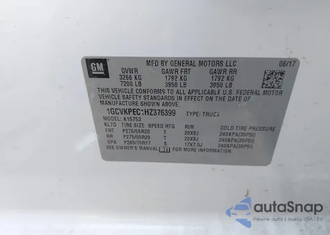 2017 Chevrolet Silverado 1500 Custom z USA, uszkodzony, nr VIN 1GCVKPEC1HZ376399